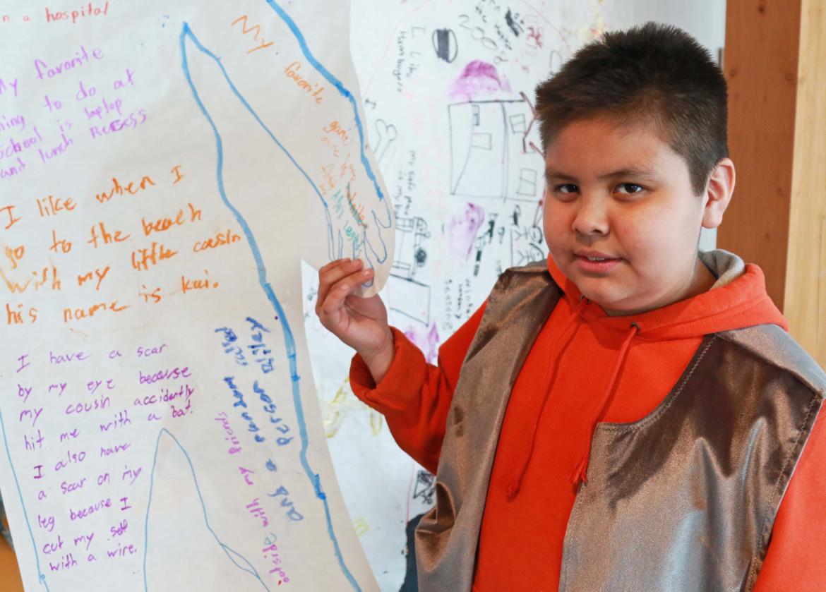 Terrence Good with his project at Shq'apthut, VIU's Aboriginal Gathering Place Terrence Good with his project at Shq'apthut, VIU's Aboriginal Gathering Place