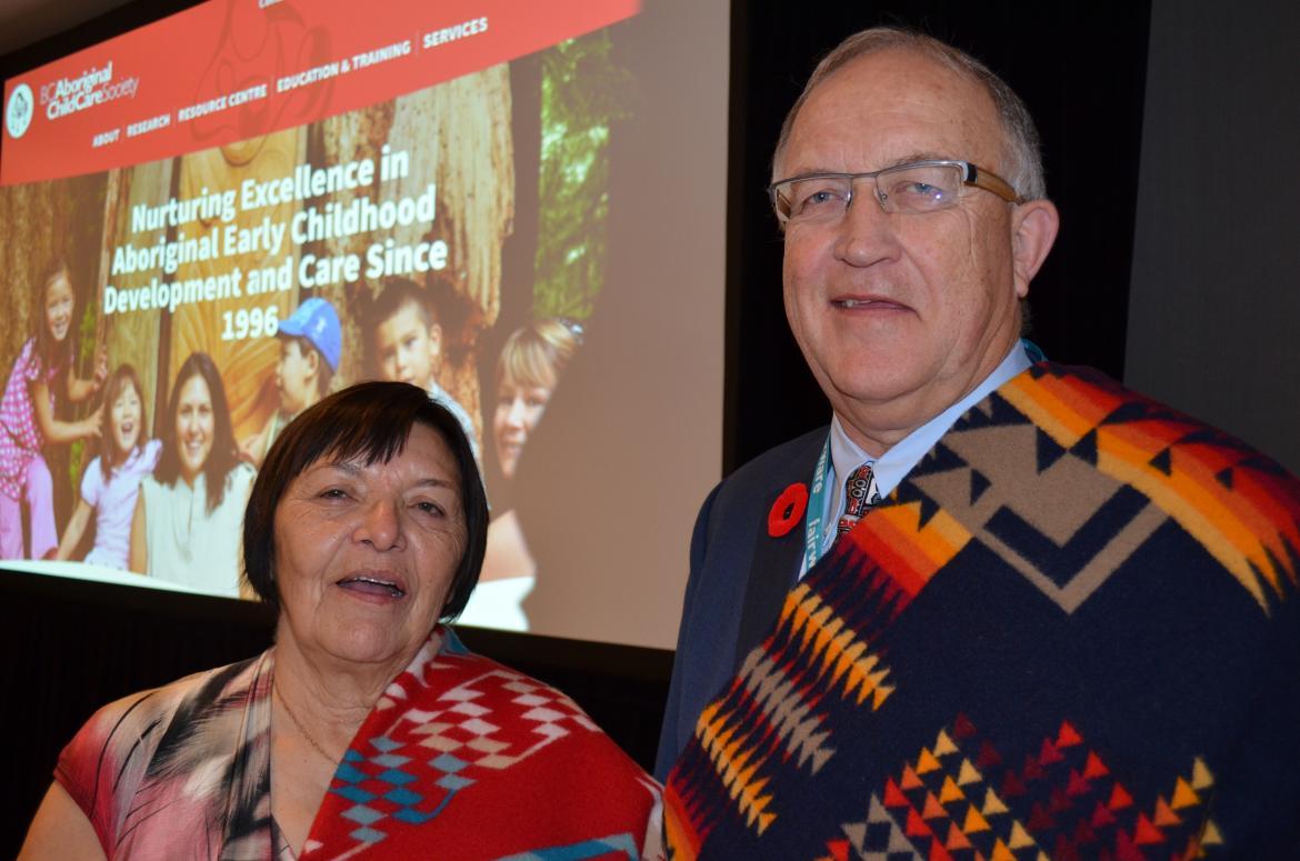 VIU President and Vice-Chancellor Dr. Ralph Nilson (right) with Mabel Louie, recipients of the Perry Shawana Award from the BC Aboriginal Child Care Society.