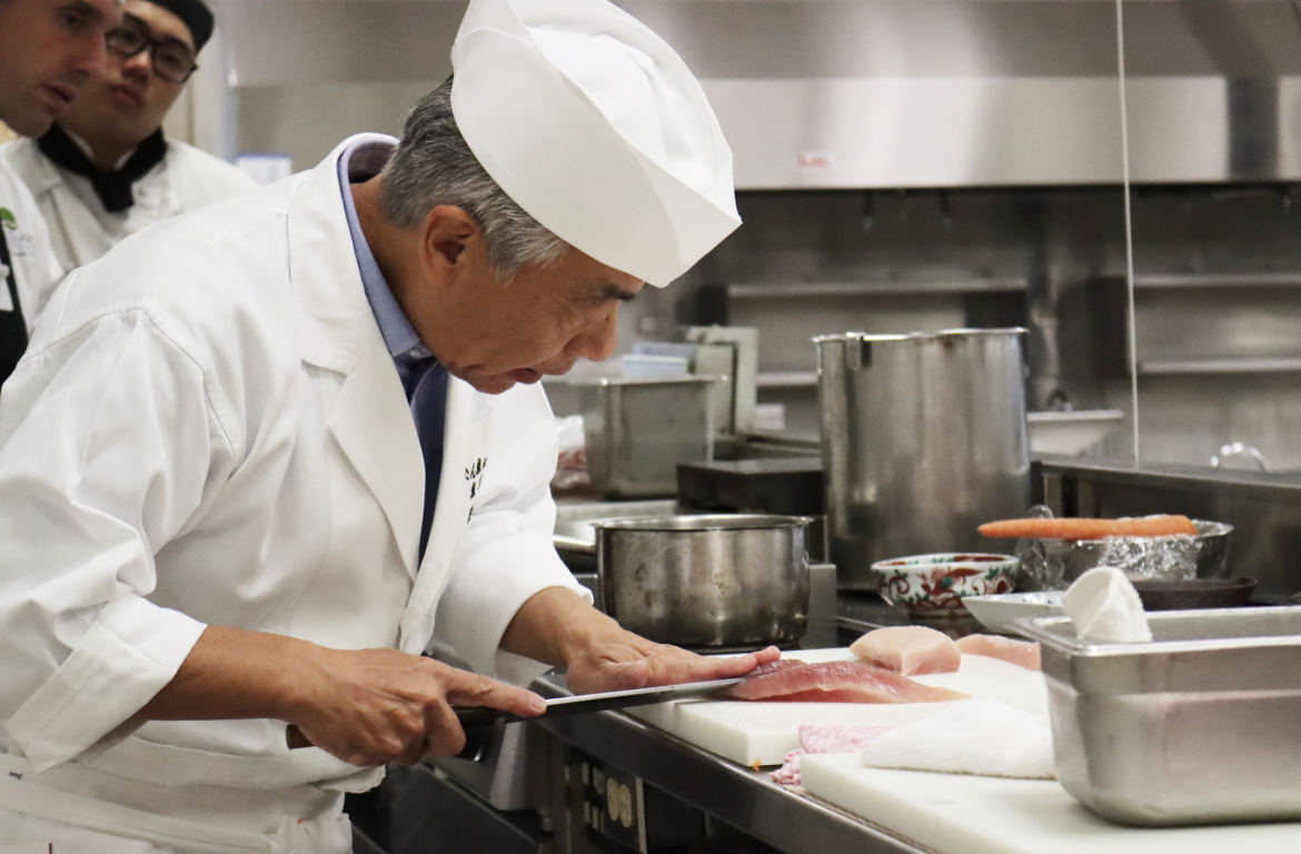 Visiting from Kyoto, Japan, Motoi Kurisu, Executive Chef at Arashiyama Kumahiko and President of Kumahiko Co. Ltd. gave a demonstration to VIU Culinary students this week to help celebrate the launch of the new certification. Photo: Vancouver Island Univ